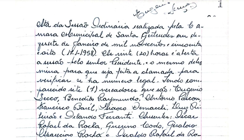 Ata da primeira sessão ordinária da Câmara Municipal datada do ano de 1958